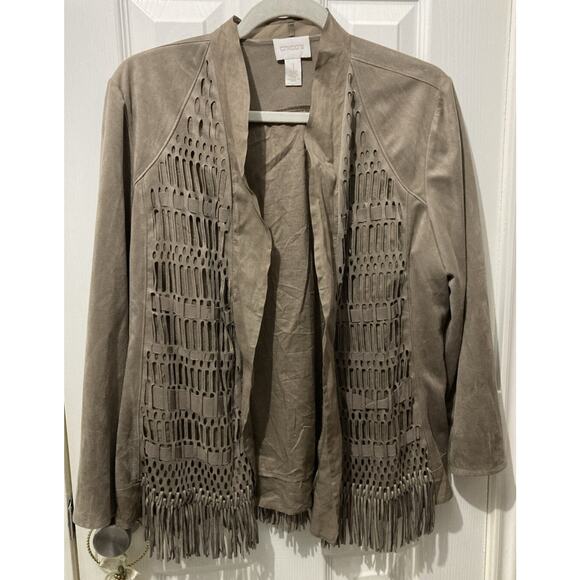 Chico's Jackets & Blazers - Chico’s Faux Suede Fringe Open Front Jacket Top Taupe Size 1 (M-8) Boho Western